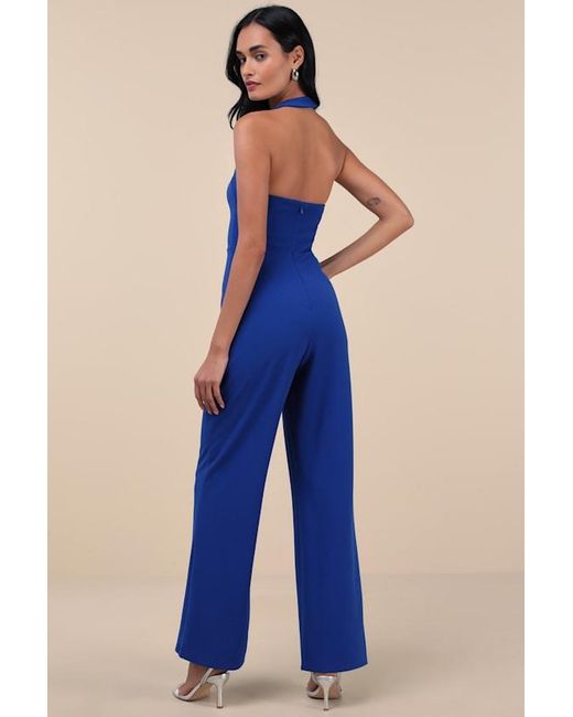 Lulus Blue Flirty Outing Asymmetrical Halter Jumpsuit