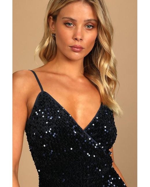 Lulus Blue Dazzling Demeanor Velvet Sequin Straight Leg Jumpsuit