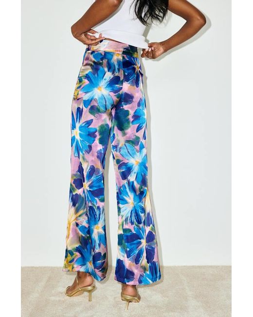 Lulus Blue Thriving Vibes Floral Print Satin Wide-Leg Pants