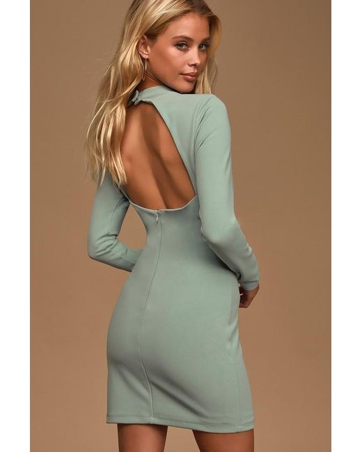 Lulus Green All That You Wish For Sage Mock Neck Cutout Bodycon Dress