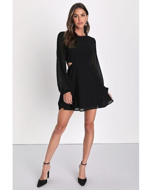 Lulus Black Garden Bliss Long Sleeve Cutout Mini Dress