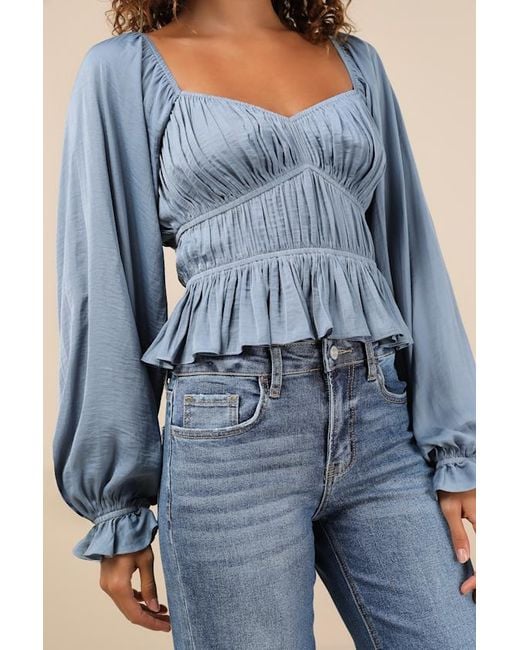 Lulus Blue Sophisticate Slate Satin Ruched Long Sleeve Top