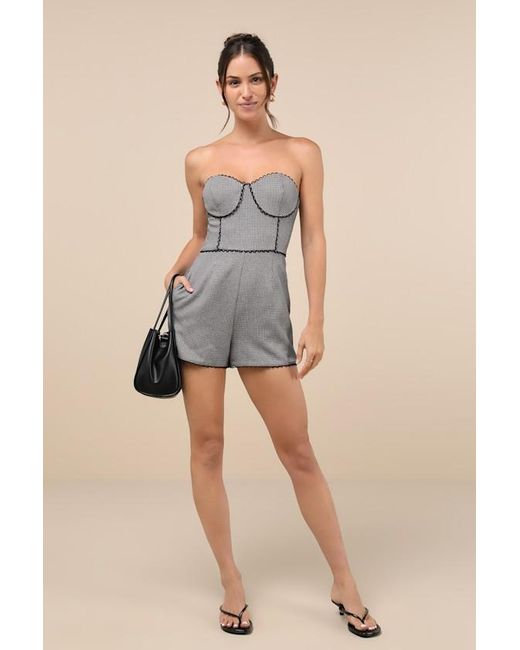 Lulus Gray Sophisticated Attitude Houndstooth Strapless Bustier Romper