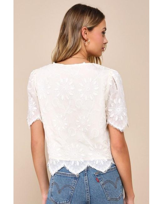 Lulus Blue Vintage Aesthetic Embroidered Tie-Front Fringe Hem Top