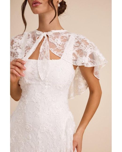 Lulus Natural Nikola Lace Sequin Cape Midi Dress