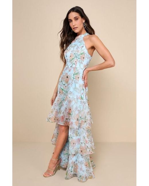 Lulus Blue Forever Exceptional Light Floral Halter Organza Maxi Dress
