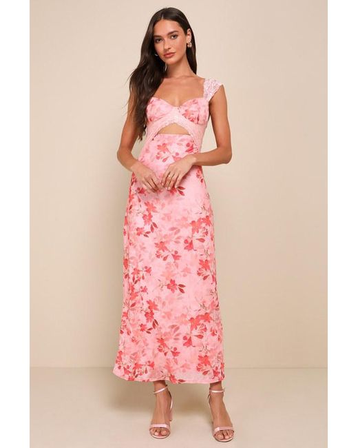 Lulus Pink Endlessly Cute Floral Mesh Cutout Lace Bustier Maxi Dress