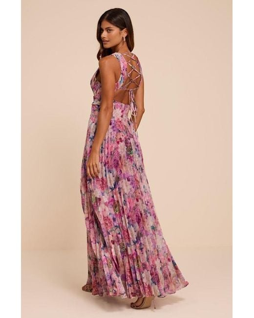 Lulus Red Andra Floral Pleated Lace-Up Maxi Dress