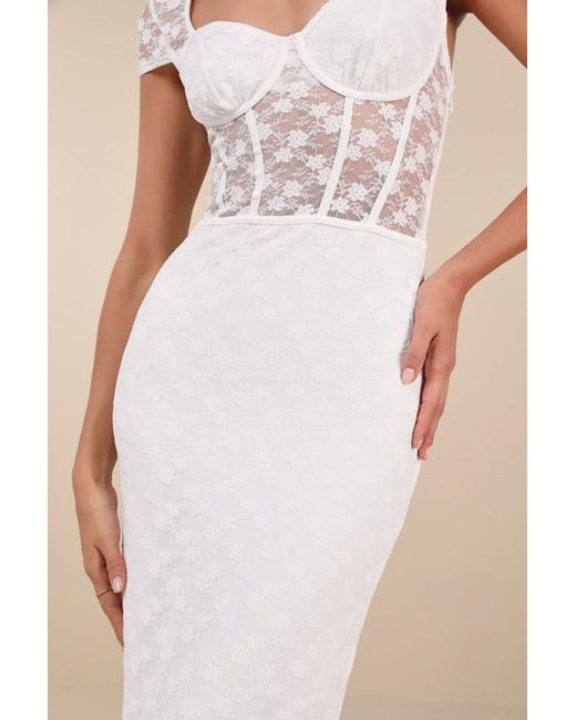 Lulus Natural Flirtatious Presence Sheer Lace Bustier Midi Dress
