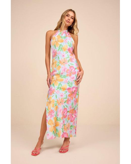 Lulus Blue Glowing Presence Floral Satin Halter Maxi Dress