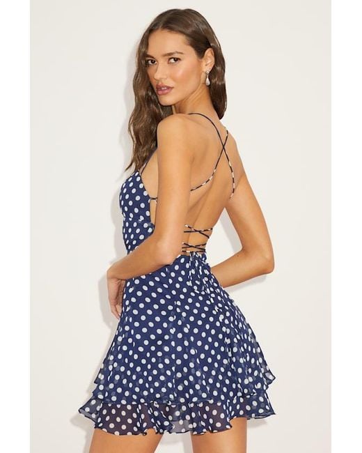 Lulus Blue Perfected Sweetness Polka Dot Pleated Tiered Mini Dress