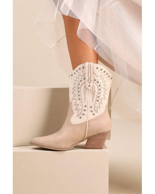 Dolce Vita Natural Aledo Multi Suede Studded Mid-Calf Western Boots