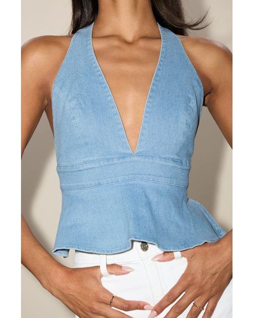 Lulus Blue Iolani Light Wash Denim Tie-Back Peplum Halter Top