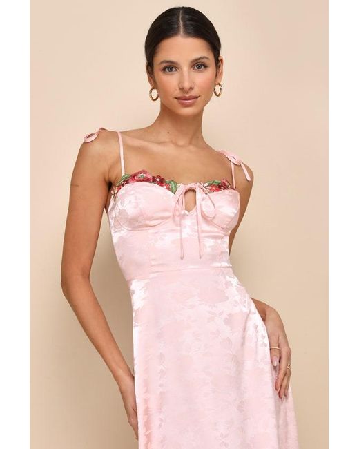 Lulus Pink Ethereal Muse Satin Jacquard Embroidered Midi Dress