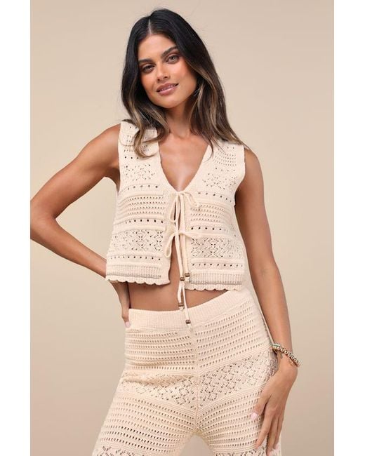Lulus Natural Desta Crochet Knit Tie-Front Crop Tank Top