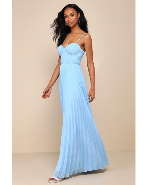 Lulus Blue Admirable Elegance Pleated Bustier Maxi Dress