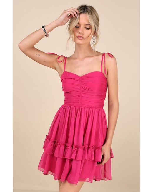 Lulus Pink Angelic Approach Chiffon Ruffled Tie-Strap Mini Dress