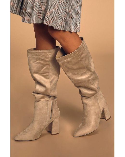 Lulus Brown Katari Taupe Suede Pointed-Toe Knee High Boots