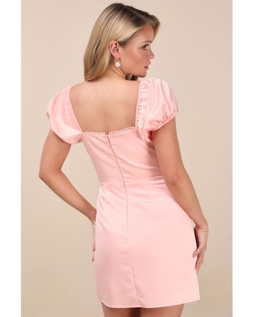 Lulus Pink Adorable Poise Pearl Puff Sleeve Mini Dress