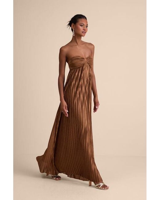 Lulus Brown Whimsical Beauty Satin Plisse Strapless Maxi Dress