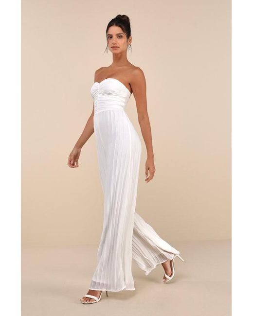 Lulus Natural Certainly Charming Pleated Strapless Wide-Leg Jumpsuit
