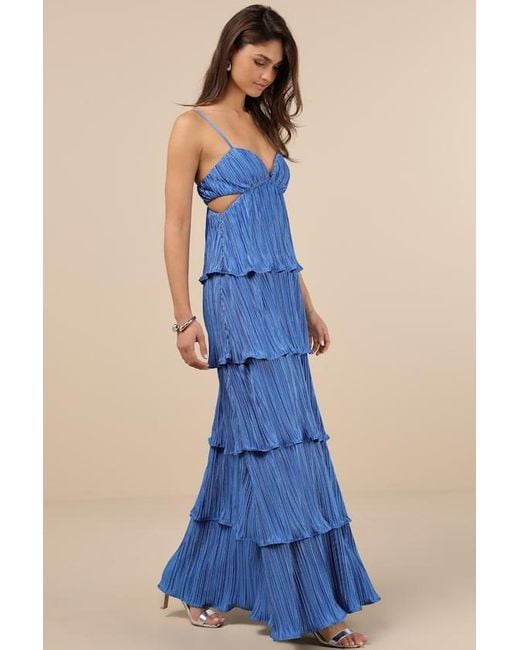 Lulus Blue Kanya Satin Plisse Tiered Maxi Dress