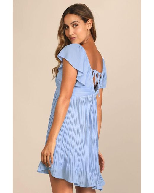 Lulus Amalfi Coast Pleated Flutter Sleeve Mini Dress in Blue | Lyst UK