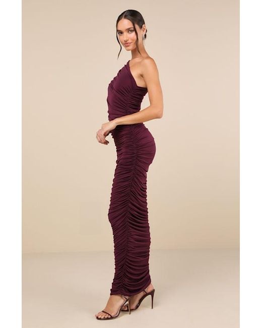 Lulus Purple Effortless Magnetism Dark Plum Ruched One-Shoulder Maxi Dress