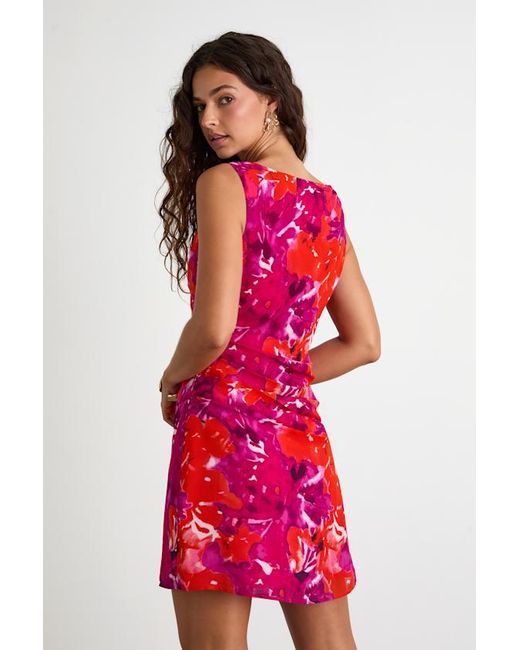 Lulus Red Roanes Floral Boat Neck Pleated Mini Dress