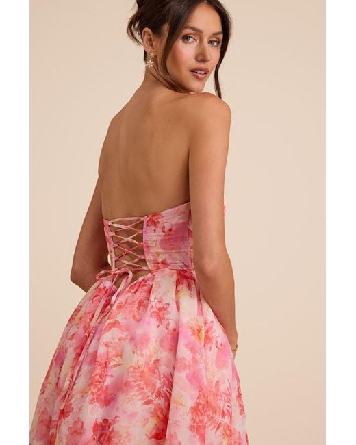 Lulus Pink Eulalia Floral Lace-Up Strapless Bustier Midi Dress