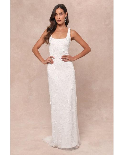 Lulus Natural Extraordinary Glamour 3D Floral Beaded Backless Maxi Dress