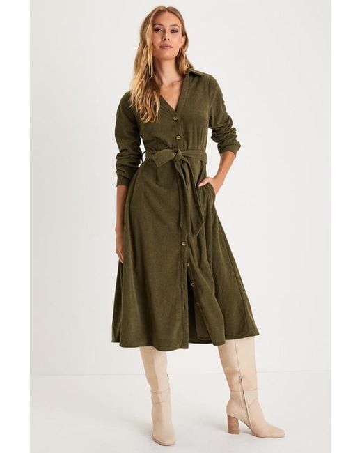 Lulus Green Casual Affection Corduroy Midi Dress With Pockets