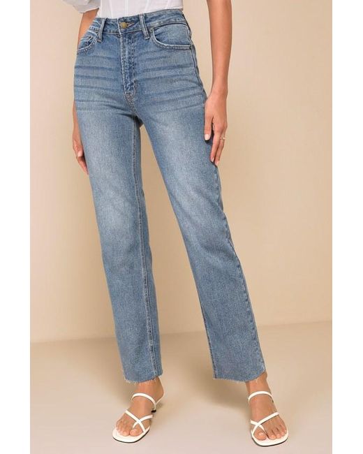 Lulus Blue Enviable Aura Medium Wash High-Rise Raw Hem Straight Leg Jeans
