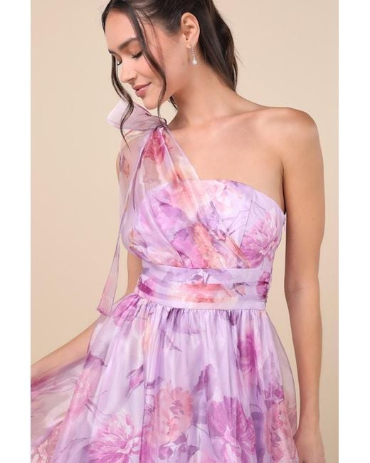 Lulus Pink Dramatically Lovely Floral One-Shoulder Maxi Dress