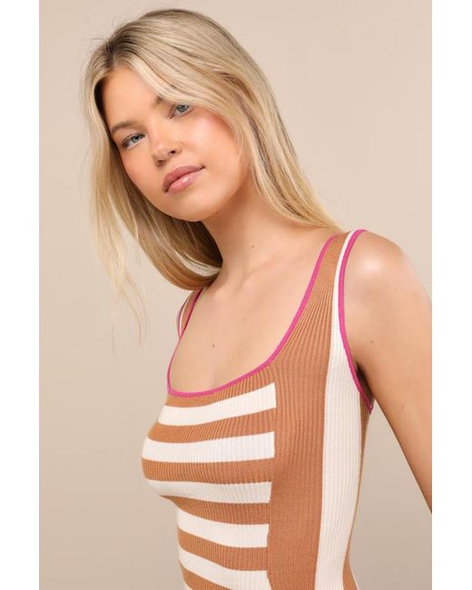 Lulus Natural Moyna Striped Ribbed Mini Sweater Dress