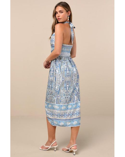 Lulus Blue Radina Paisley Print Satin Halter Midi Wrap Dress