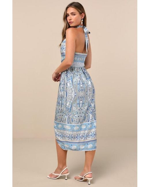 Lulus Blue Radina Paisley Print Satin Halter Midi Wrap Dress