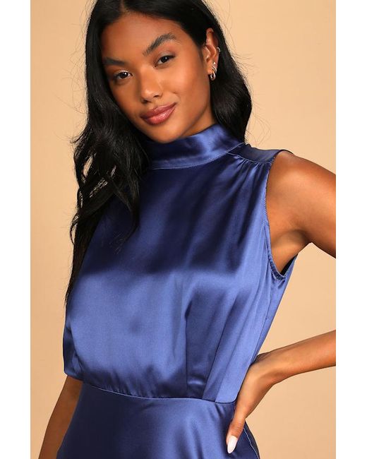 Lulus Blue Classic Elegance Satin Sleeveless Mock Neck Maxi Dress
