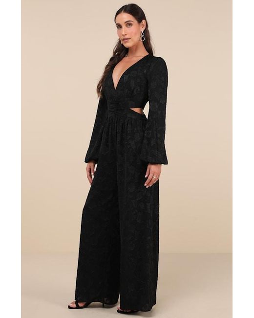 Lulus Black Ravishing Marvel Burnout Floral Cutout Wide-Leg Jumpsuit