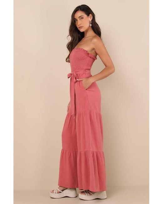 Lulus Red Effective Charm Rusty Rose Linen Strapless Jumpsuit