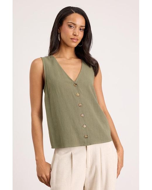 Lulus Green Casually Sophisticated Linen Sleeveless Button-Front Top