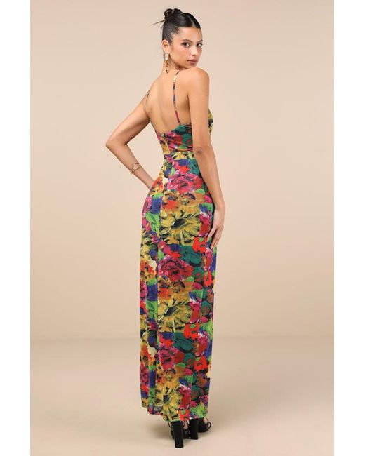Lulus Blue Sunniva Multi Print Mesh Cowl Maxi Dress