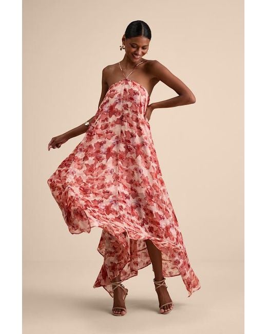 Lulus Pink Dezzi Blush Multi Floral Halter Shift Maxi Dress