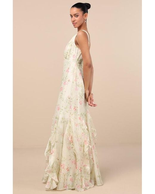 Lulus Green Deluca Cream Floral Sleeveless Ruffled Maxi Dress