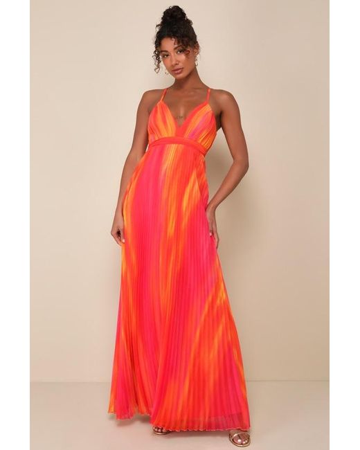 Lulus Red Lovely Boldness Multi Watercolor Pleated Maxi Dress