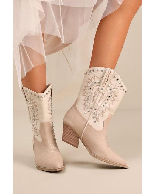Dolce Vita Natural Aledo Multi Suede Studded Mid-Calf Western Boots