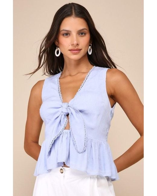 Lulus Blue Admirable Cutie Tie-Front Ruffled Sleeveless Top