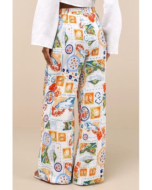 Lulus Natural Eydis Multi Print Wide-Leg Drawstring Pants