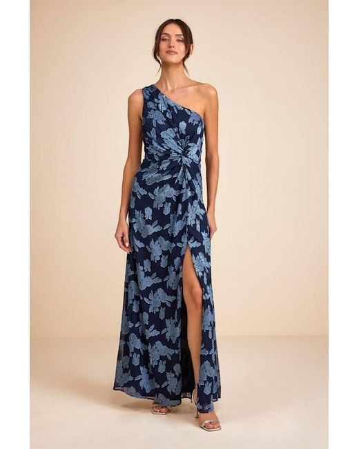 Lulus Blue Renni Floral Jacquard One-Shoulder Maxi Dress