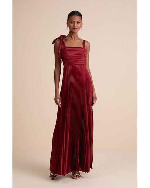 Lulus Red Gorgeous Purpose Satin Pleated Sleeveless Bow Maxi Dress
